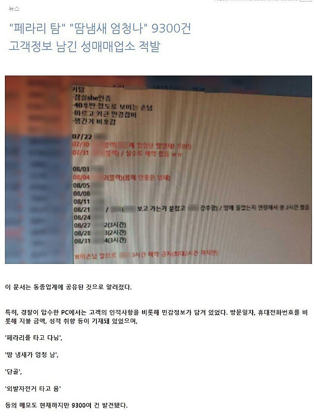 성매매 업소에 적힌 고객 정보