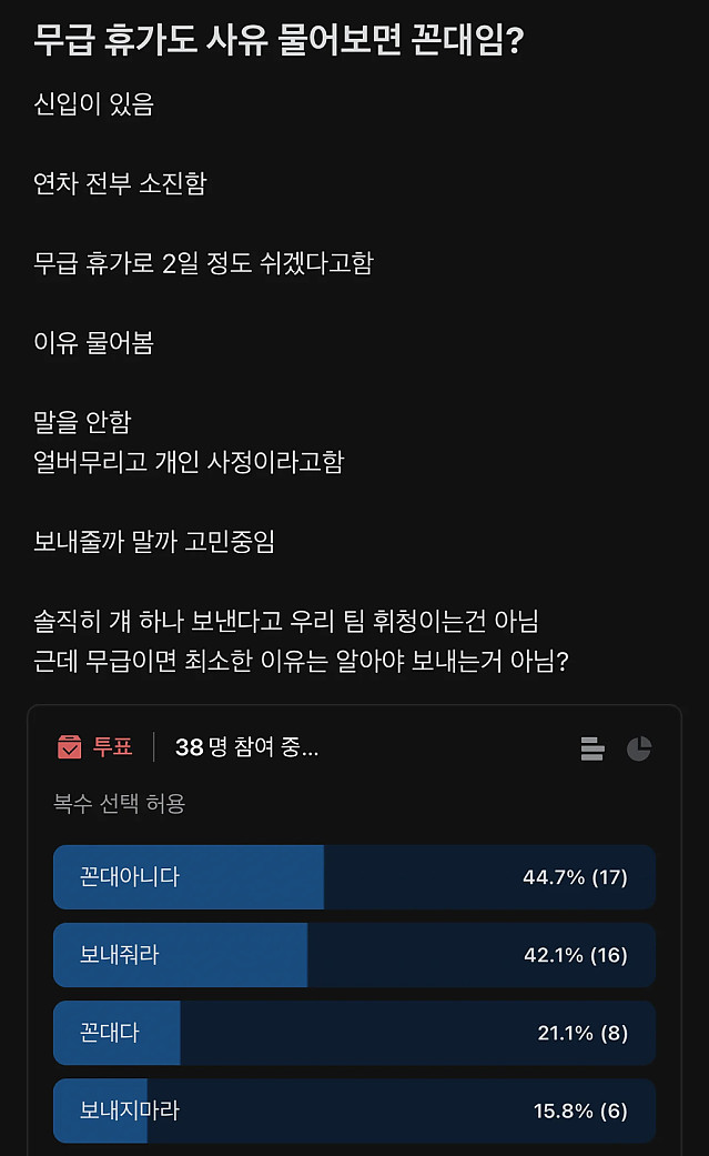 무급 휴가도 사유 물어보면 꼰대임?