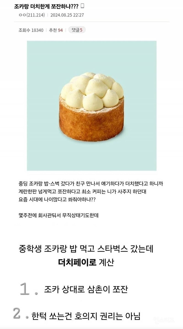 조카랑 더치페이 했다고 욕먹은 30대 청년