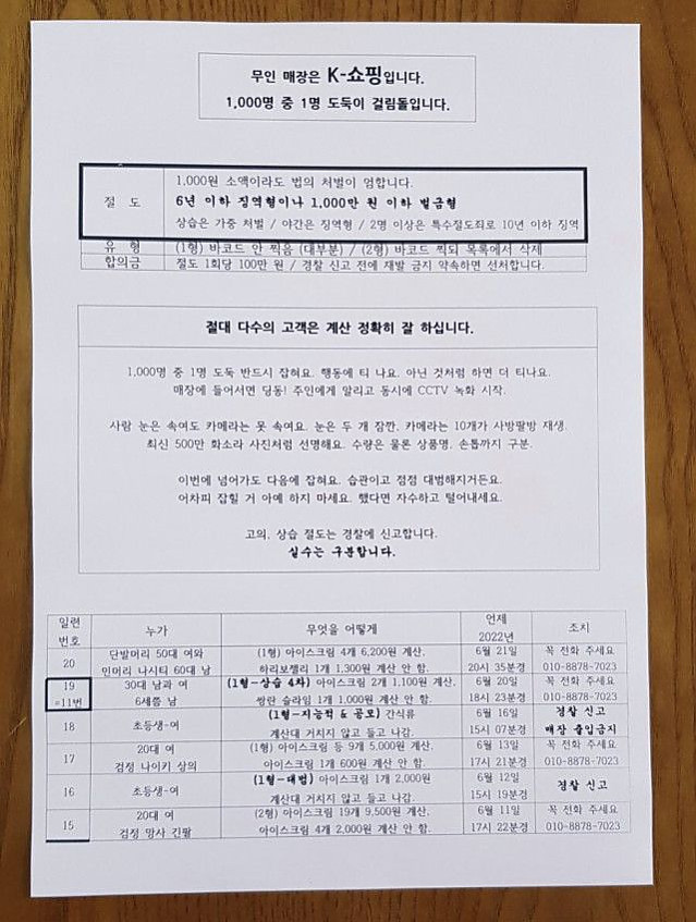 무인 가게 도둑 명단